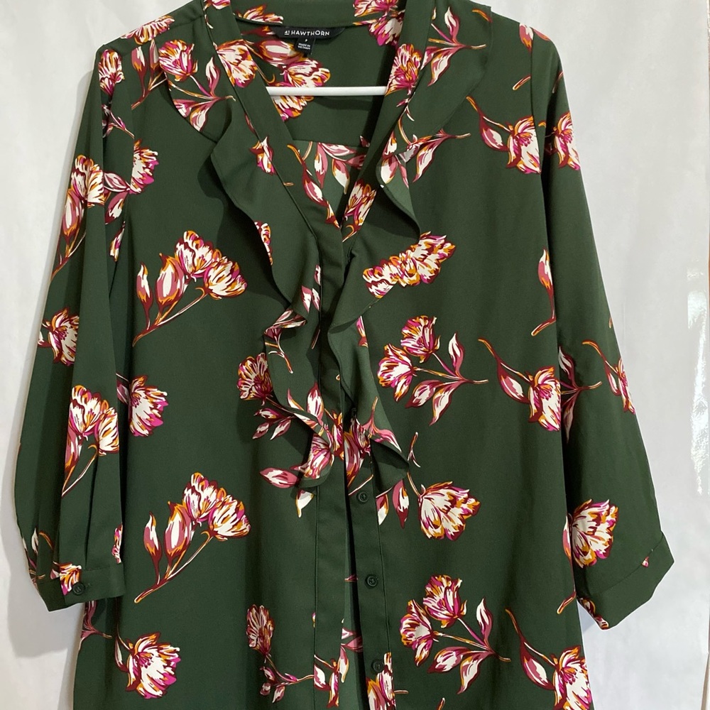 NWOT STITCH FIX 41 HAWTHORN DK GREEN Plum FLORAL 3/4 Sleeve BLOUSE Sz Small